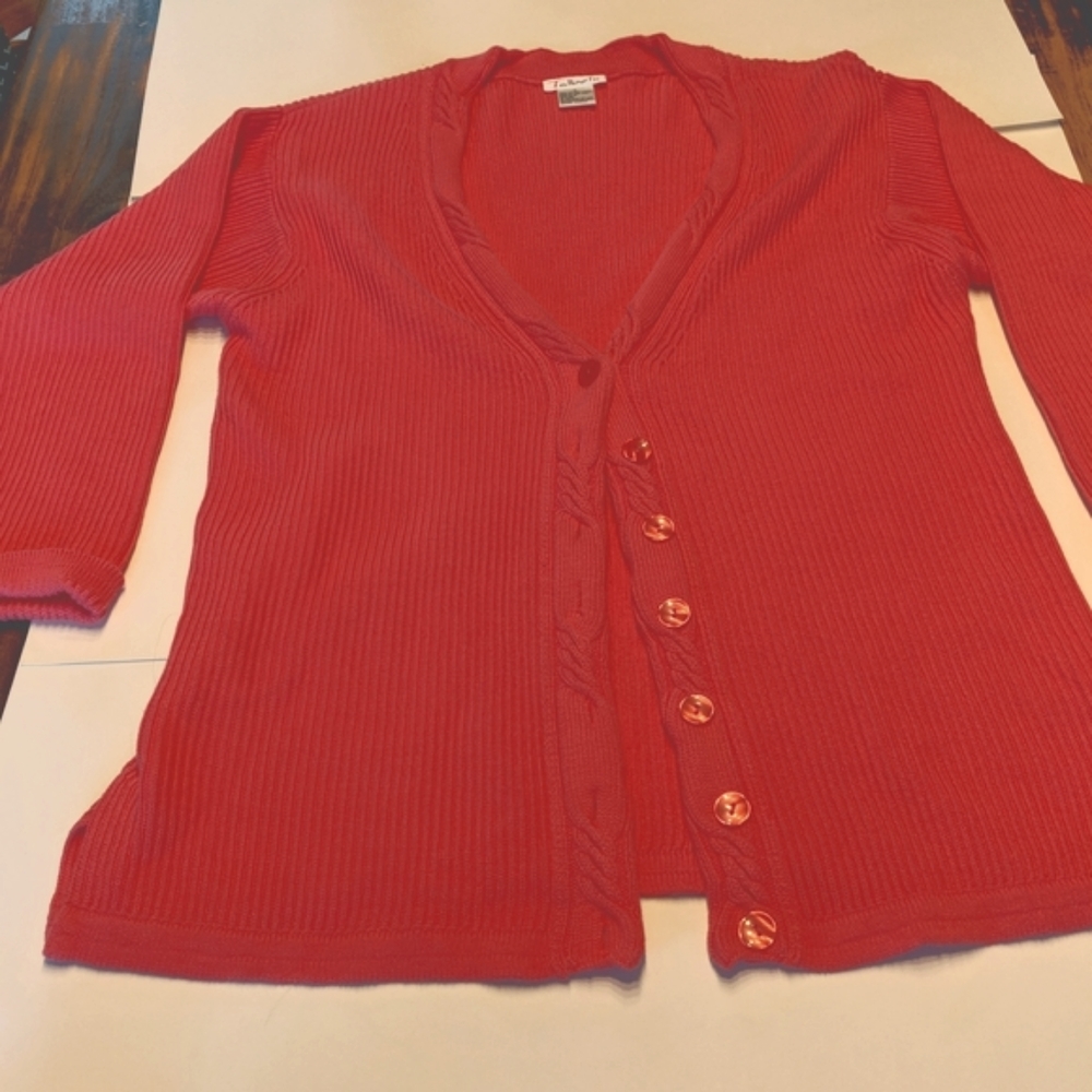 Talbots Woman's Long button cardigan. Coral/Salmon in color. Size L